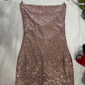 a pink and gold sequin mini dress, good for party, prom, and birthday.